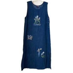 FADS Vintage‎ 90s Denim Maxi Dress Painted Aztec Incas Sz L Prairie Cottage Boho